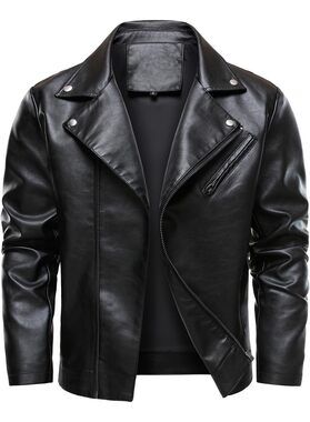 Faux Leather Motorcycle Jacket Men Black L Biker